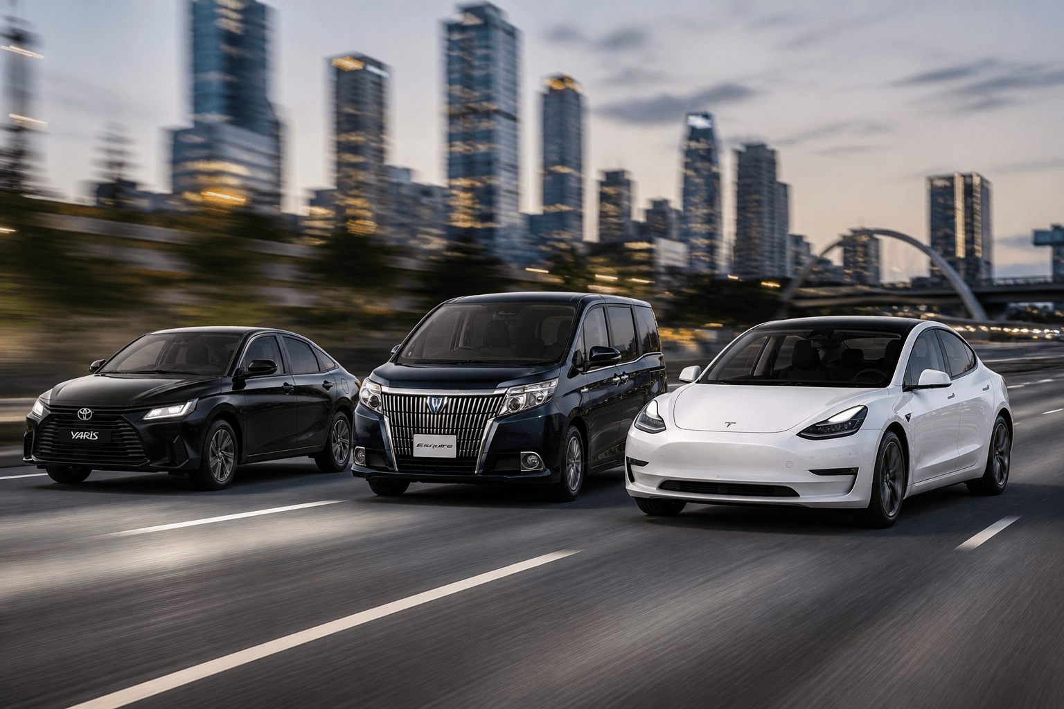 A black Yaris, a dark minivan, and a white Tesla Model 3 driving on a highway